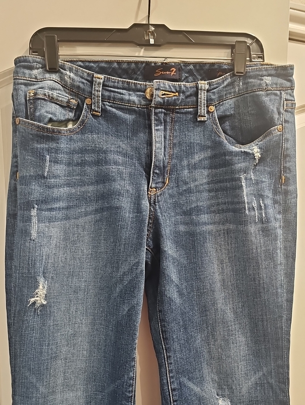 Seven7 Women's Straight Leg Distressed Blue Jeans